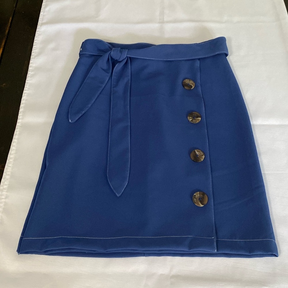 Jessy B Blue Pencil Skirt with Tie Front and Oversized Buttons